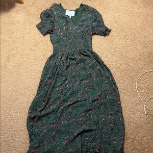 Hill House Forest Green Floral V-Neck Smocked Maxi Dress